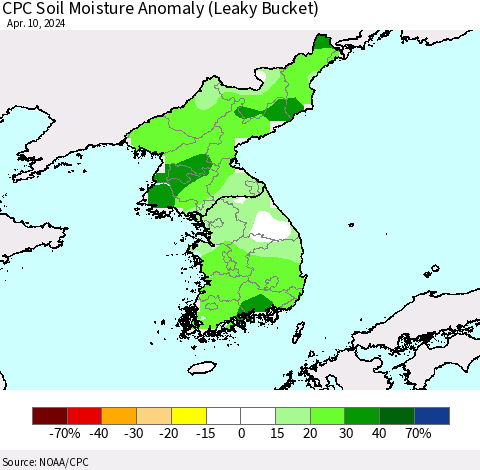 Korea CPC Soil Moisture Anomaly (Leaky Bucket) Thematic Map For 4/6/2024 - 4/10/2024
