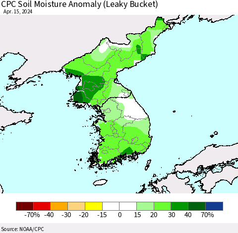 Korea CPC Soil Moisture Anomaly (Leaky Bucket) Thematic Map For 4/11/2024 - 4/15/2024