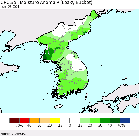 Korea CPC Soil Moisture Anomaly (Leaky Bucket) Thematic Map For 4/21/2024 - 4/25/2024