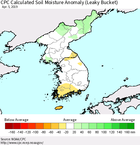 Korea CPC Soil Moisture Departure from Normal (Leaky Bucket) Thematic Map For 4/1/2019 - 4/5/2019
