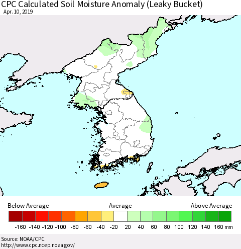 Korea CPC Soil Moisture Departure from Normal (Leaky Bucket) Thematic Map For 4/6/2019 - 4/10/2019