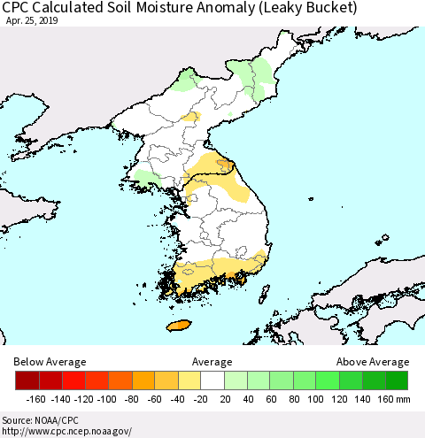 Korea CPC Soil Moisture Departure from Normal (Leaky Bucket) Thematic Map For 4/21/2019 - 4/25/2019