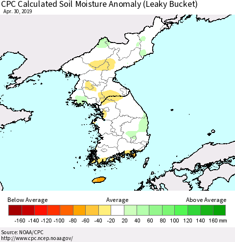 Korea CPC Soil Moisture Departure from Normal (Leaky Bucket) Thematic Map For 4/26/2019 - 4/30/2019