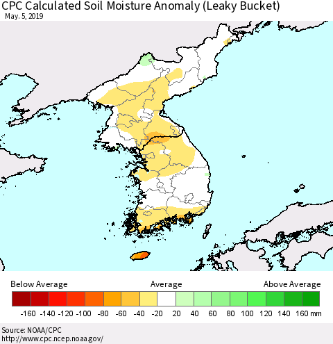 Korea CPC Soil Moisture Departure from Normal (Leaky Bucket) Thematic Map For 5/1/2019 - 5/5/2019
