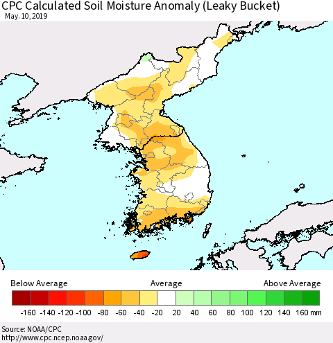 Korea CPC Soil Moisture Departure from Normal (Leaky Bucket) Thematic Map For 5/6/2019 - 5/10/2019
