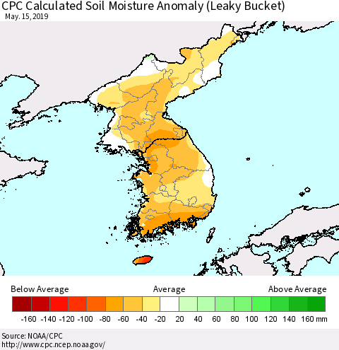 Korea CPC Soil Moisture Departure from Normal (Leaky Bucket) Thematic Map For 5/11/2019 - 5/15/2019
