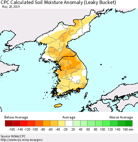 Korea CPC Soil Moisture Departure from Normal (Leaky Bucket) Thematic Map For 5/16/2019 - 5/20/2019