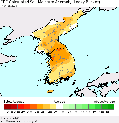 Korea CPC Soil Moisture Departure from Normal (Leaky Bucket) Thematic Map For 5/21/2019 - 5/25/2019
