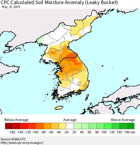 Korea CPC Soil Moisture Departure from Normal (Leaky Bucket) Thematic Map For 5/26/2019 - 5/31/2019