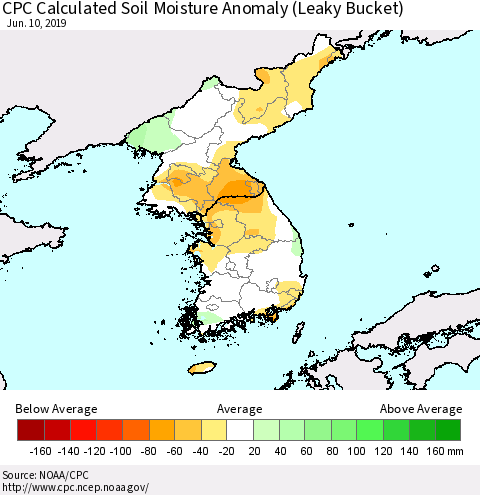 Korea CPC Soil Moisture Departure from Normal (Leaky Bucket) Thematic Map For 6/6/2019 - 6/10/2019