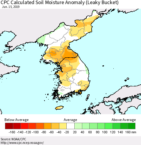 Korea CPC Soil Moisture Departure from Normal (Leaky Bucket) Thematic Map For 6/11/2019 - 6/15/2019