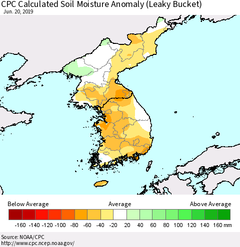 Korea CPC Soil Moisture Departure from Normal (Leaky Bucket) Thematic Map For 6/16/2019 - 6/20/2019