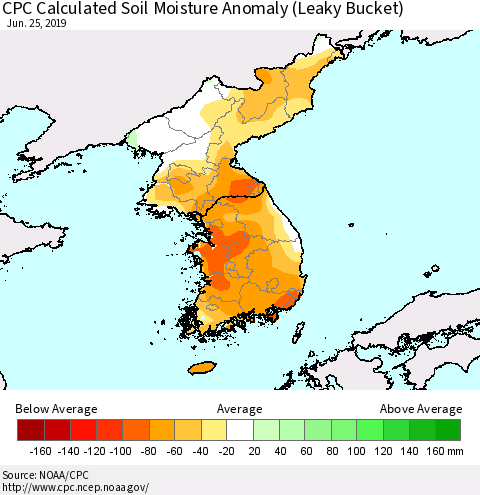 Korea CPC Soil Moisture Departure from Normal (Leaky Bucket) Thematic Map For 6/21/2019 - 6/25/2019