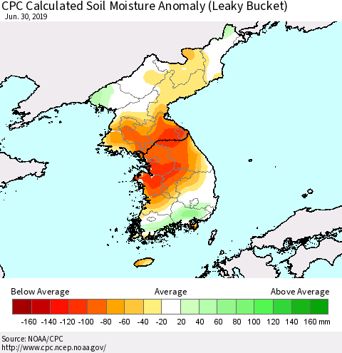 Korea CPC Soil Moisture Departure from Normal (Leaky Bucket) Thematic Map For 6/26/2019 - 6/30/2019