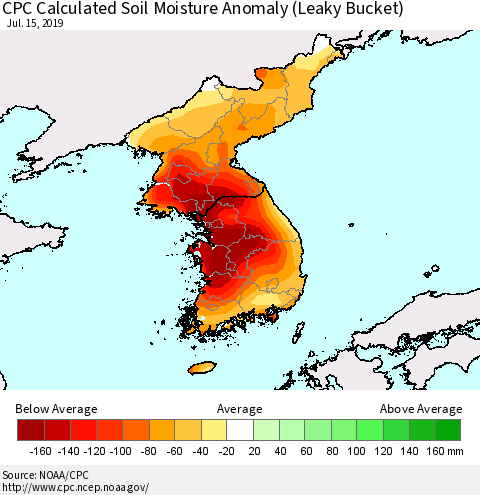 Korea CPC Soil Moisture Departure from Normal (Leaky Bucket) Thematic Map For 7/11/2019 - 7/15/2019