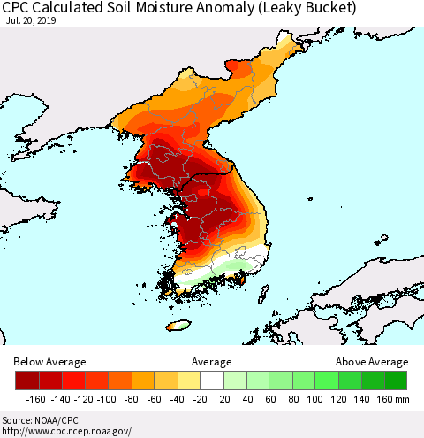 Korea CPC Soil Moisture Departure from Normal (Leaky Bucket) Thematic Map For 7/16/2019 - 7/20/2019