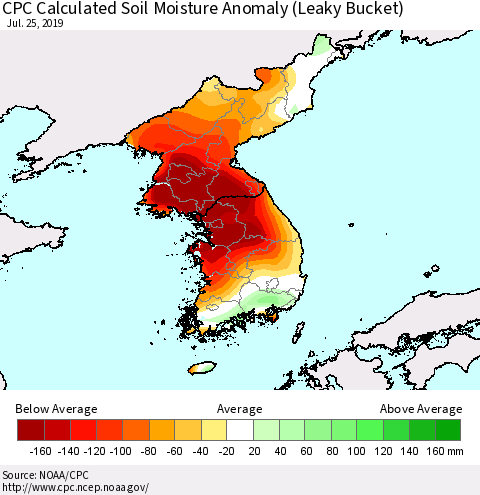 Korea CPC Soil Moisture Departure from Normal (Leaky Bucket) Thematic Map For 7/21/2019 - 7/25/2019