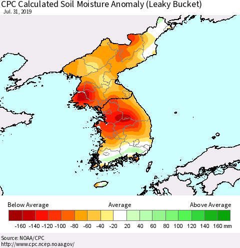 Korea CPC Soil Moisture Departure from Normal (Leaky Bucket) Thematic Map For 7/26/2019 - 7/31/2019