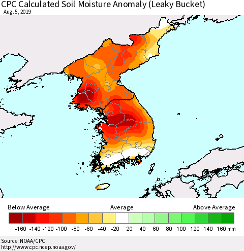 Korea CPC Soil Moisture Departure from Normal (Leaky Bucket) Thematic Map For 8/1/2019 - 8/5/2019