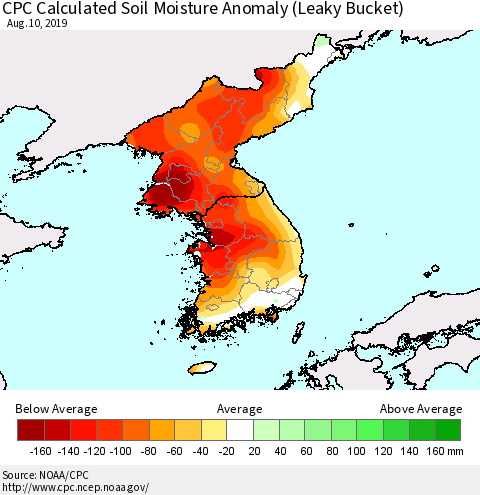 Korea CPC Soil Moisture Departure from Normal (Leaky Bucket) Thematic Map For 8/6/2019 - 8/10/2019