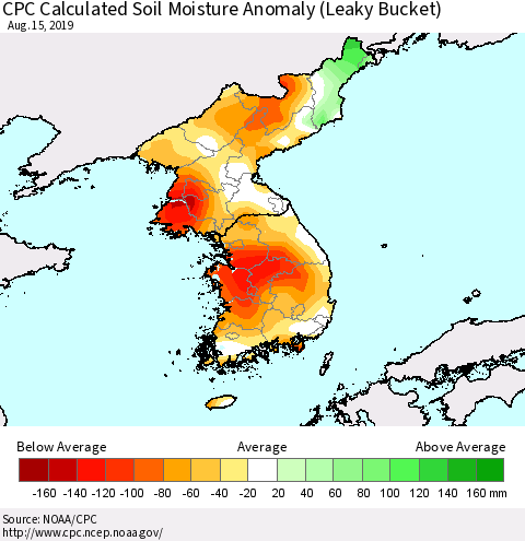 Korea CPC Soil Moisture Departure from Normal (Leaky Bucket) Thematic Map For 8/11/2019 - 8/15/2019