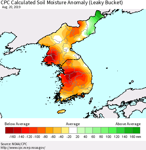 Korea CPC Soil Moisture Departure from Normal (Leaky Bucket) Thematic Map For 8/16/2019 - 8/20/2019