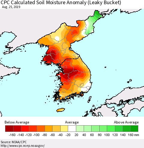 Korea CPC Soil Moisture Departure from Normal (Leaky Bucket) Thematic Map For 8/21/2019 - 8/25/2019