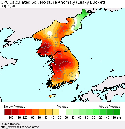 Korea CPC Soil Moisture Departure from Normal (Leaky Bucket) Thematic Map For 8/26/2019 - 8/31/2019