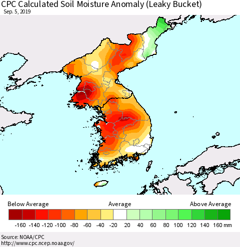 Korea CPC Soil Moisture Departure from Normal (Leaky Bucket) Thematic Map For 9/1/2019 - 9/5/2019