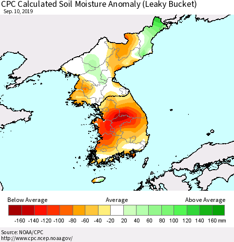 Korea CPC Soil Moisture Departure from Normal (Leaky Bucket) Thematic Map For 9/6/2019 - 9/10/2019