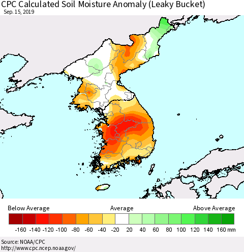 Korea CPC Calculated Soil Moisture Anomaly (Leaky Bucket) Thematic Map For 9/11/2019 - 9/15/2019