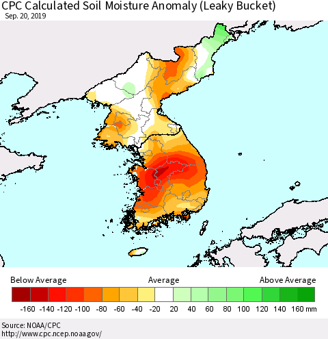 Korea CPC Calculated Soil Moisture Anomaly (Leaky Bucket) Thematic Map For 9/16/2019 - 9/20/2019