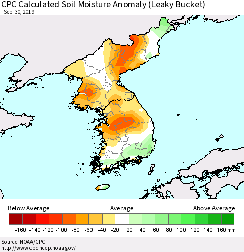 Korea CPC Calculated Soil Moisture Anomaly (Leaky Bucket) Thematic Map For 9/26/2019 - 9/30/2019