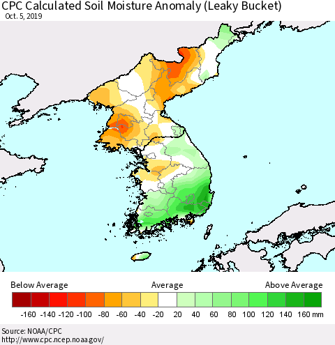 Korea CPC Calculated Soil Moisture Anomaly (Leaky Bucket) Thematic Map For 10/1/2019 - 10/5/2019