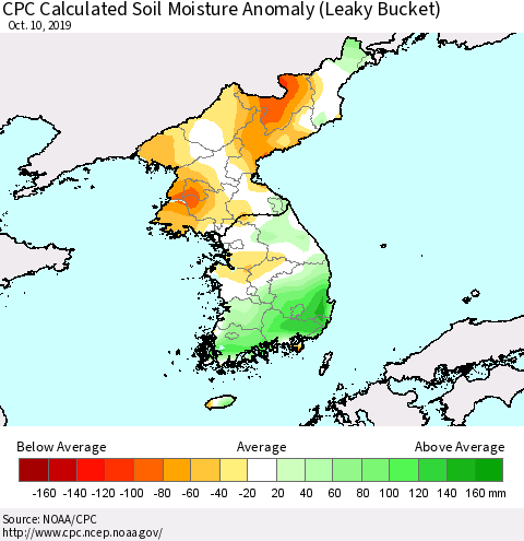 Korea CPC Calculated Soil Moisture Anomaly (Leaky Bucket) Thematic Map For 10/6/2019 - 10/10/2019