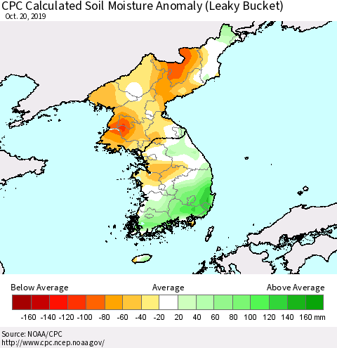 Korea CPC Calculated Soil Moisture Anomaly (Leaky Bucket) Thematic Map For 10/16/2019 - 10/20/2019