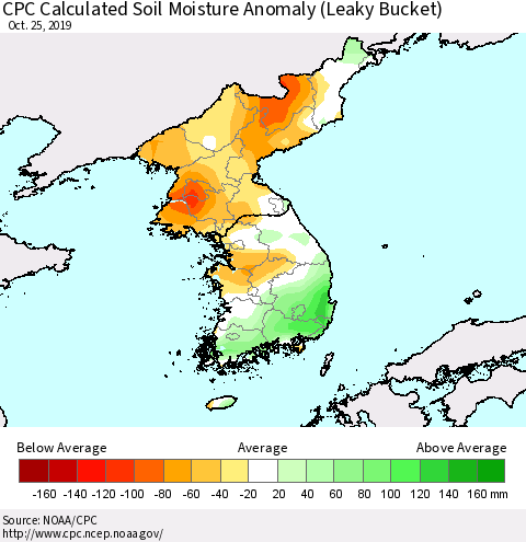 Korea CPC Calculated Soil Moisture Anomaly (Leaky Bucket) Thematic Map For 10/21/2019 - 10/25/2019