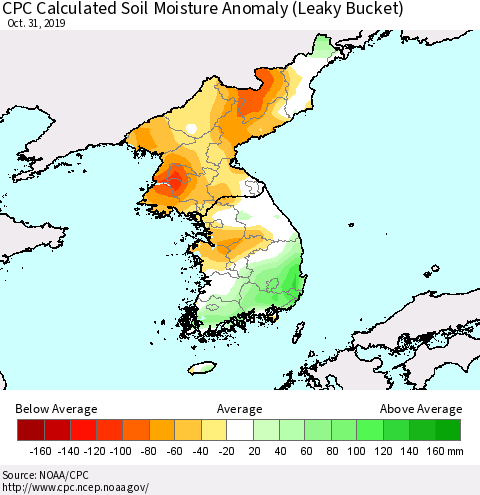 Korea CPC Calculated Soil Moisture Anomaly (Leaky Bucket) Thematic Map For 10/26/2019 - 10/31/2019