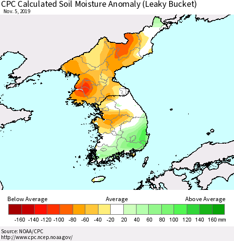 Korea CPC Calculated Soil Moisture Anomaly (Leaky Bucket) Thematic Map For 11/1/2019 - 11/5/2019