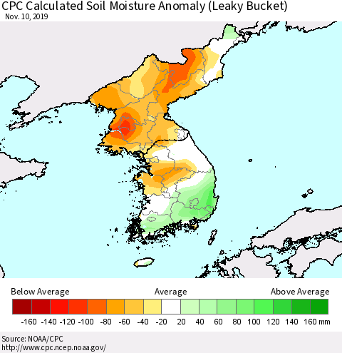 Korea CPC Calculated Soil Moisture Anomaly (Leaky Bucket) Thematic Map For 11/6/2019 - 11/10/2019