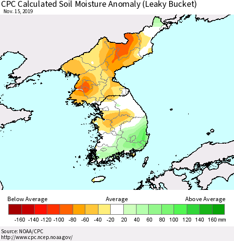 Korea CPC Calculated Soil Moisture Anomaly (Leaky Bucket) Thematic Map For 11/11/2019 - 11/15/2019