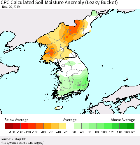 Korea CPC Calculated Soil Moisture Anomaly (Leaky Bucket) Thematic Map For 11/16/2019 - 11/20/2019