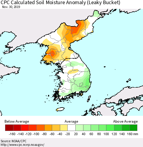 Korea CPC Calculated Soil Moisture Anomaly (Leaky Bucket) Thematic Map For 11/26/2019 - 11/30/2019
