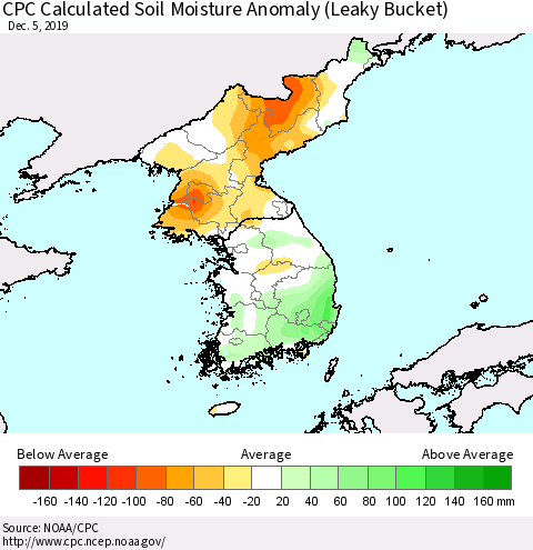 Korea CPC Soil Moisture Departure from Normal (Leaky Bucket) Thematic Map For 12/1/2019 - 12/5/2019
