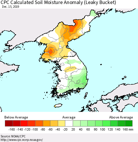 Korea CPC Calculated Soil Moisture Anomaly (Leaky Bucket) Thematic Map For 12/11/2019 - 12/15/2019
