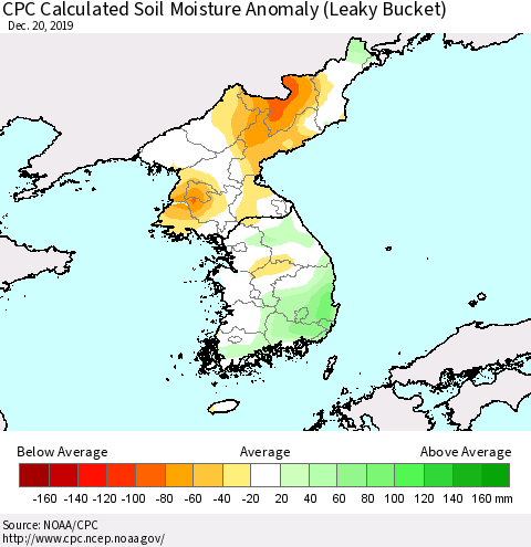 Korea CPC Soil Moisture Departure from Normal (Leaky Bucket) Thematic Map For 12/16/2019 - 12/20/2019