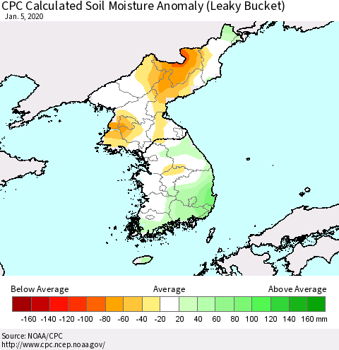 Korea CPC Calculated Soil Moisture Anomaly (Leaky Bucket) Thematic Map For 1/1/2020 - 1/5/2020