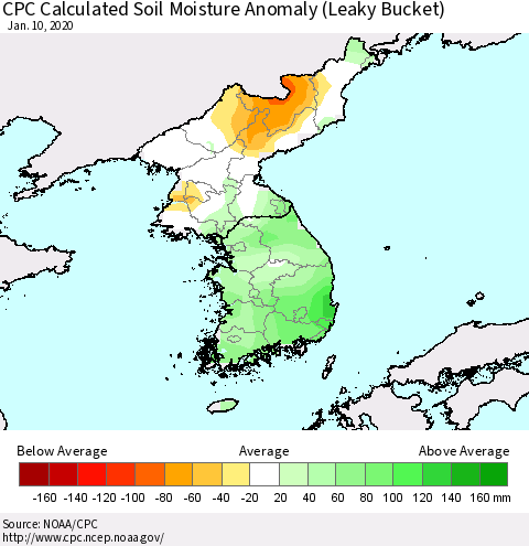 Korea CPC Calculated Soil Moisture Anomaly (Leaky Bucket) Thematic Map For 1/6/2020 - 1/10/2020