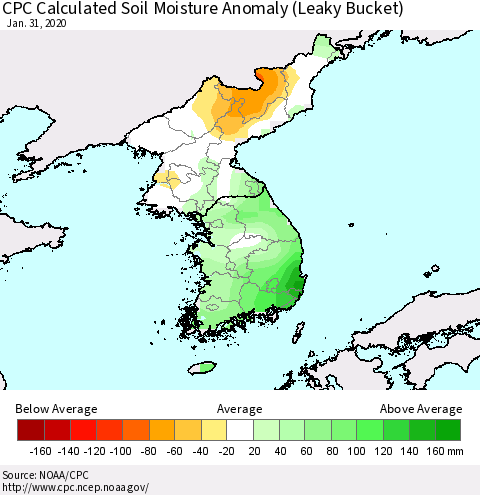 Korea CPC Soil Moisture Departure from Normal (Leaky Bucket) Thematic Map For 1/26/2020 - 1/31/2020