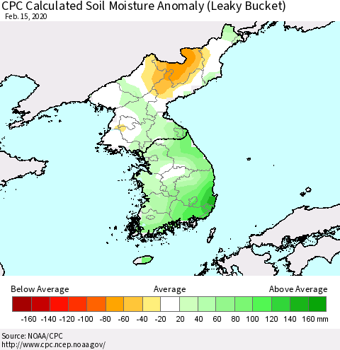 Korea CPC Calculated Soil Moisture Anomaly (Leaky Bucket) Thematic Map For 2/11/2020 - 2/15/2020